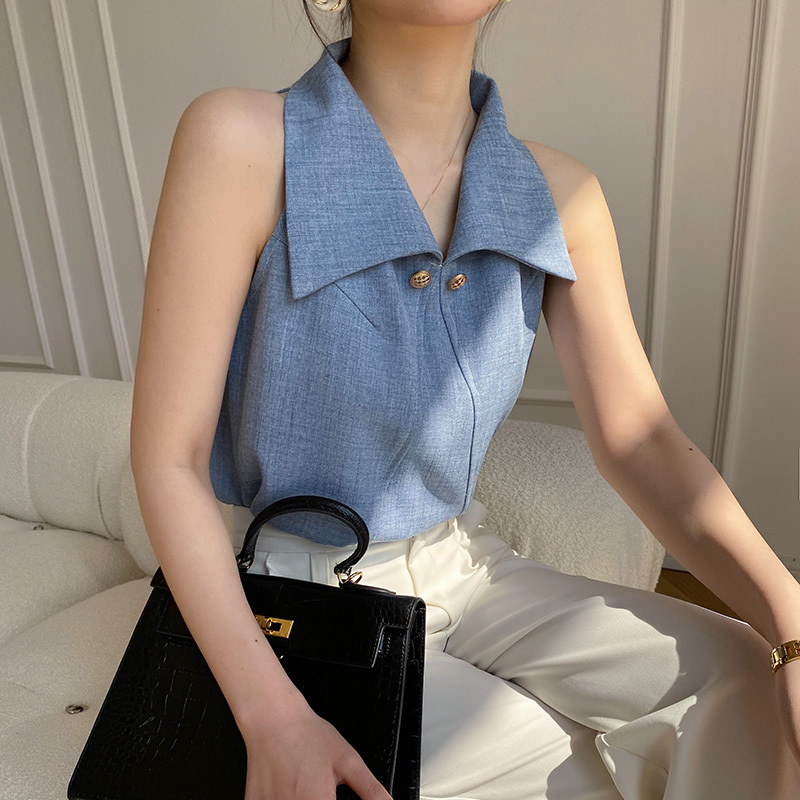 Off-Shoulder Sleeveless Shirt for Women, Summer Vintage Style, Lapel Top, Square Shoulder, Hong Kong Style Vest, French Design Blouse