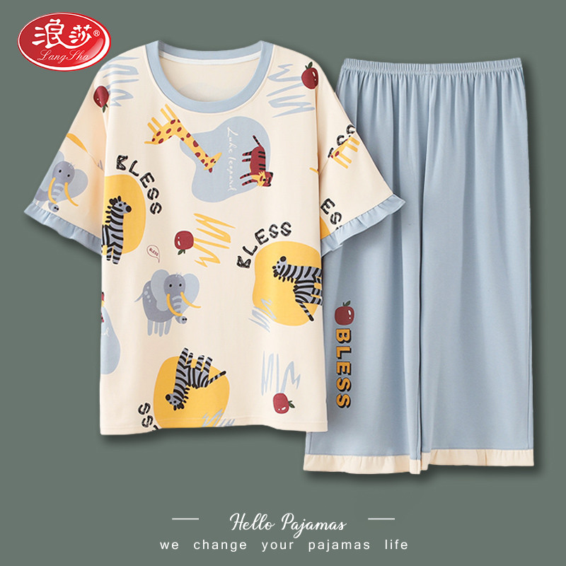 Sura large size pyjamas female summer pure cotton short sleeves 7-pants two-piece suit Gats to increase the thin section Easy Home Clothing