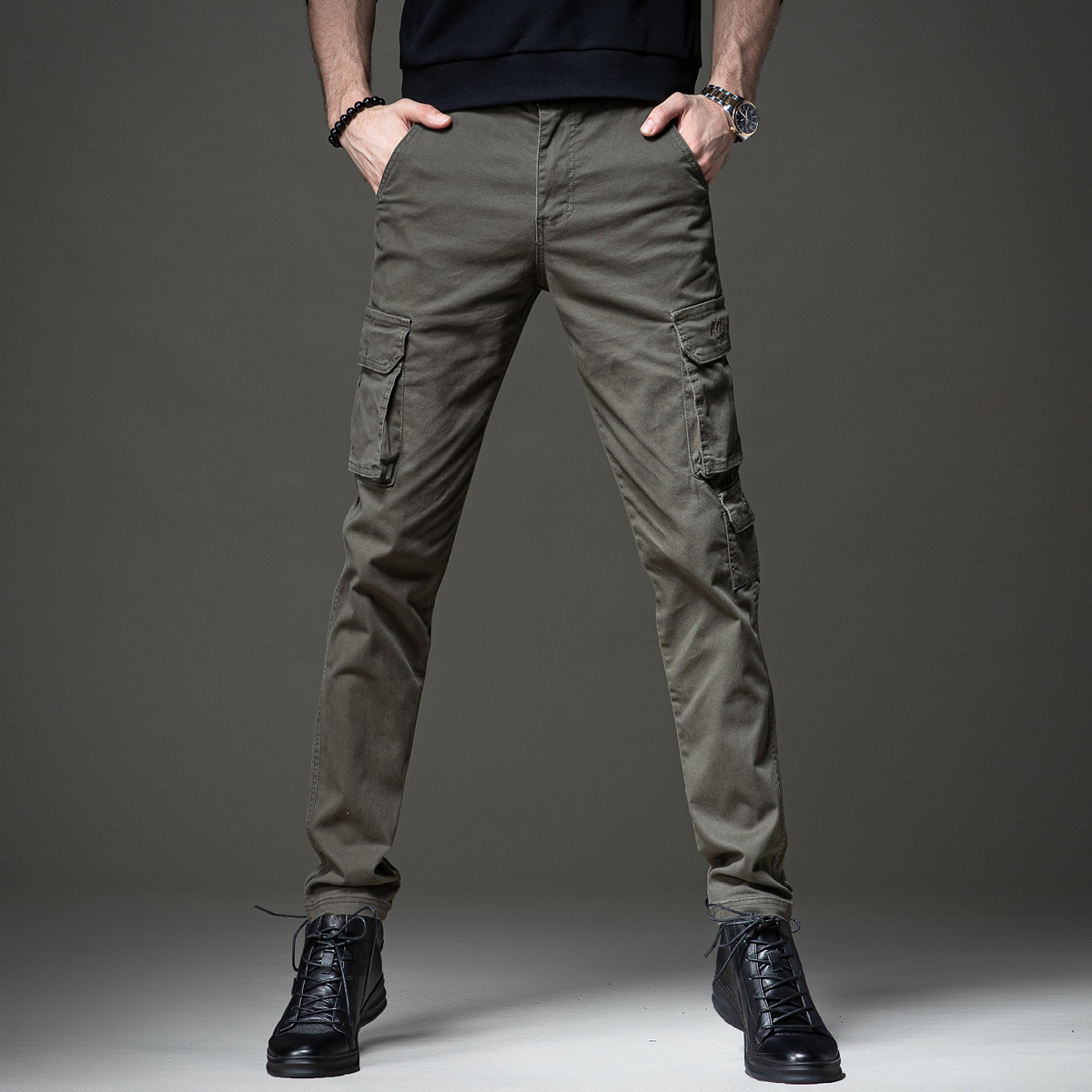 High-end autumn new men's overalls tide brand slim stretch narrow leg pants multi-pocket casual cotton paratrooper pants