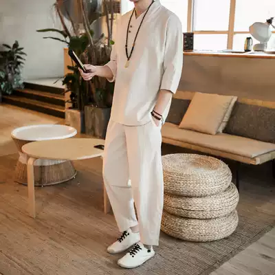 Summer Chinese style cotton and linen suit Men's large size embroidered Buddhist lay clothes Men's retro Hanfu five-point sleeve two-piece suit