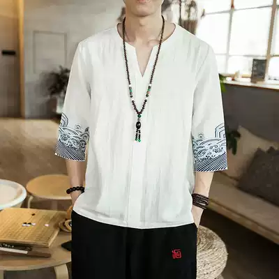 Summer Chinese style linen embroidered men's T-shirt youth five-point sleeve lay suit Loose large size Chinese cotton and linen short sleeves