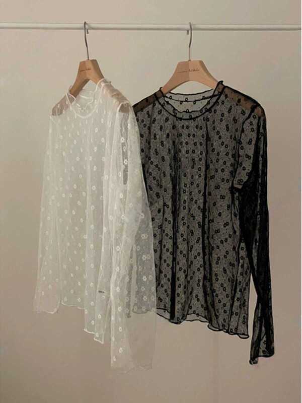 Pure Desire Style Korean Small Floral Mesh Lace Summer Women's Sun Protection Half-High Collar Long-Sleeve Base Shirt Pullover