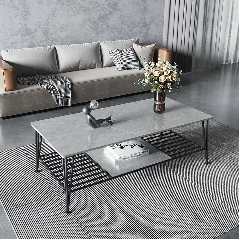 Light luxury rock board tea table TV cabinet combination living room household small family rectangular marble tea table 1 meter 2 table