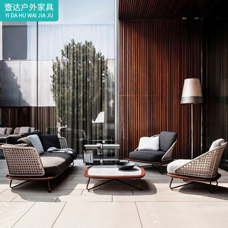 Outdoor Sofa Patio Sunscreen Waterproof Outdoor Villa Furniture Rattan Furniture Rattan Terrace Garden Hotel Solid Wood Tea Table Combo-Taobao