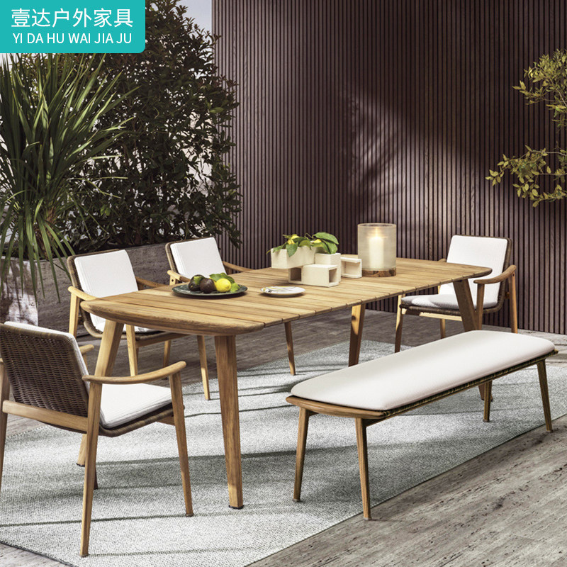 Teak Wood Outdoor Table And Chairs Courtyard Villa Open-air Garden Casual Rattan table Embalming Solid Wood Long Dining Table And Chairs Combination-Taobao