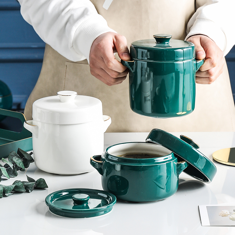 Light extravagant minimalist creative ceramic with lid with liner domestic double ear riser saucepan with high temperature heat resistant soup and small bowl
