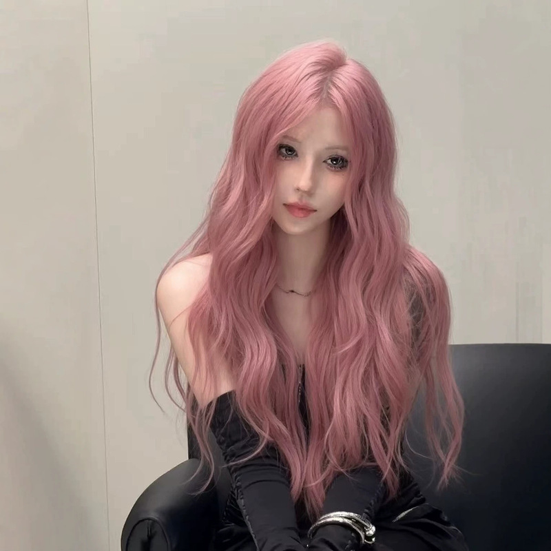 Wig for Women, Long Curly Hair, Misty Pink, Middle Parting, Wavy Bangs, Summer, Realistic Cosplay, Full Head Wig