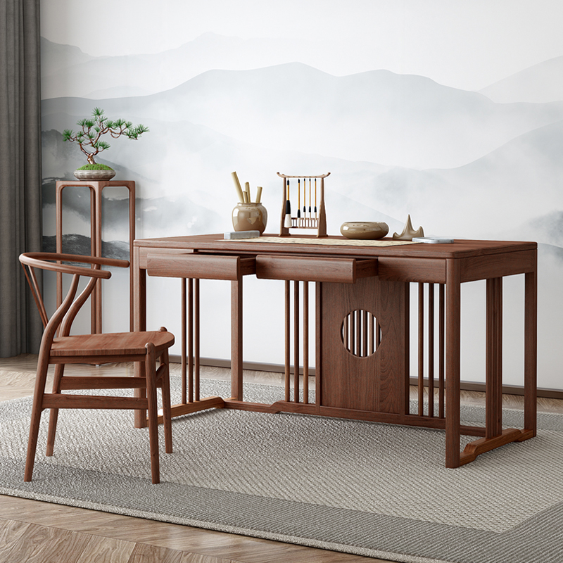 New Chinese Desk Solid Wood Studio Book Table Zen Black Walnut Desk Suite Modern Household Calligraphy Table
