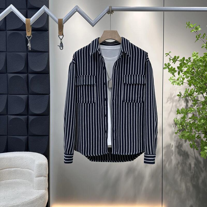 2024 Autumn Fashion Black and White Striped Men's Lapel Shirt Long Sleeve Men's Trendy Jacket Black and White Striped