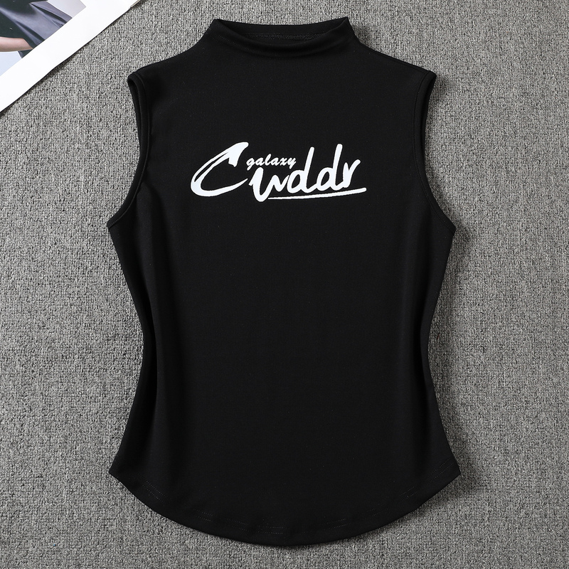 2025 New Style Half-High Collar Sleeveless Black Women's T-Shirt Vest, Slimming and Stylish, Pure Cotton Curved Hem Top for Summer