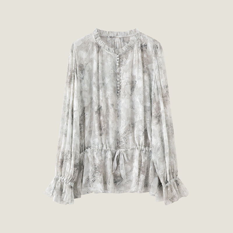 2026 New Style 6A Grade Mulberry Silk Cut-Out Floral Print Romantic Ruffled Drawstring Waist Shirt 2026 New Style 6A Grade Mulberry Silk Cut-Out Floral Print Romantic Ruffled Drawstring Waist Shirt