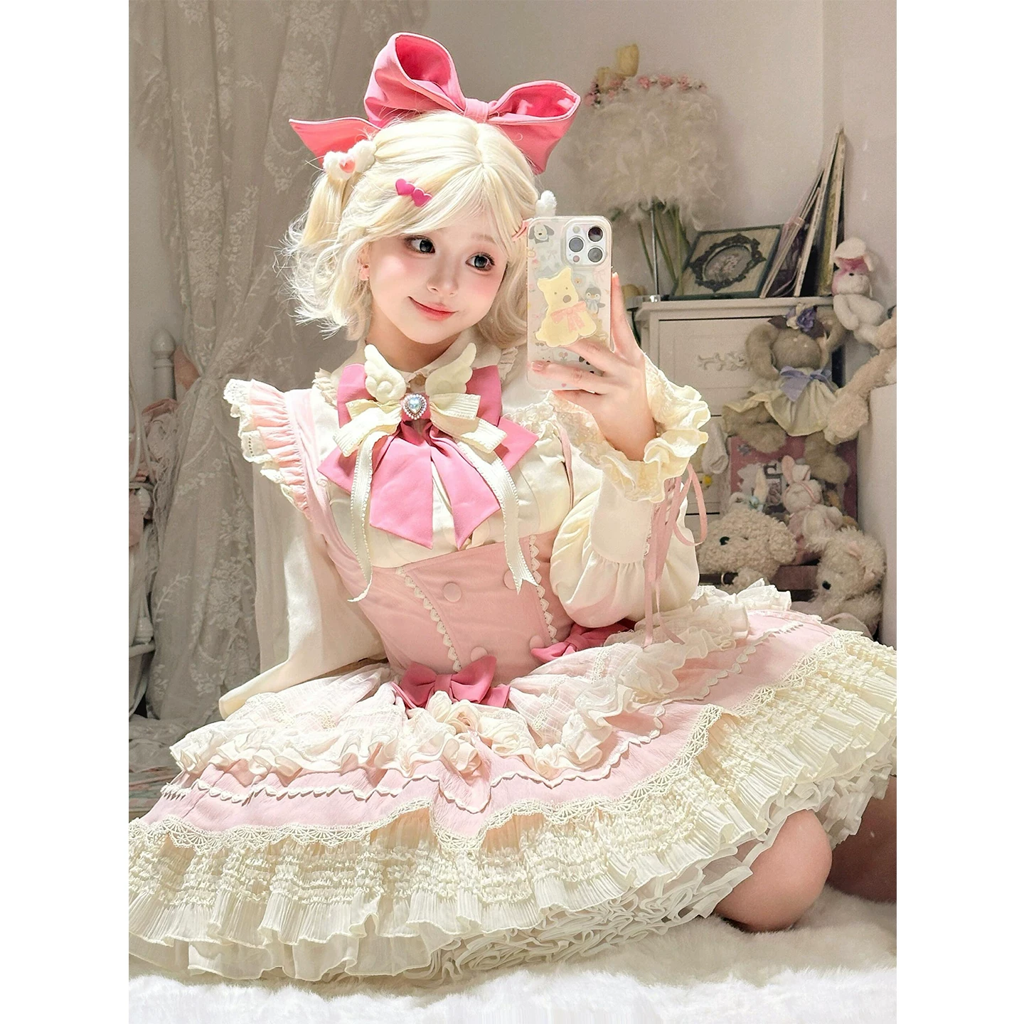 Очаровательный фуксия длинный рукав, комплект, косплей, стиль Лолита, Lolita Jsk