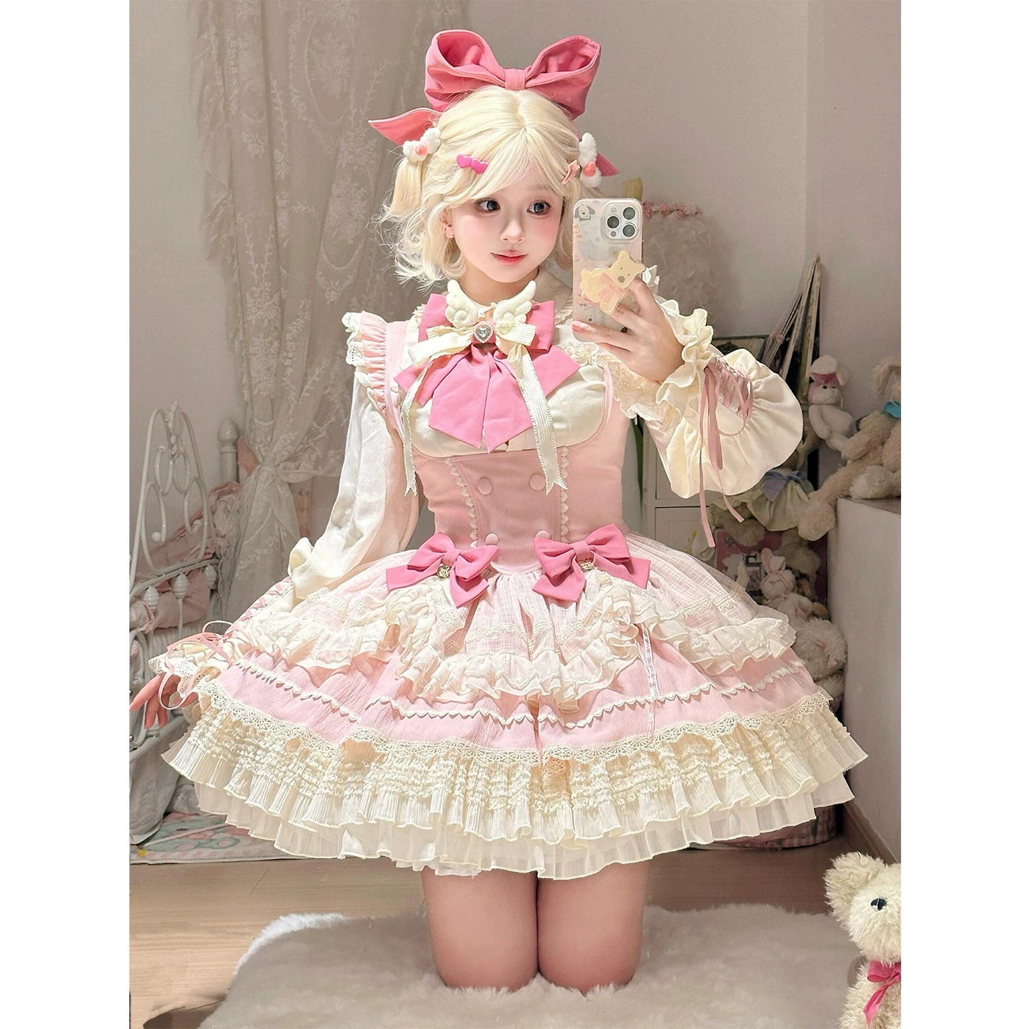 Очаровательный фуксия длинный рукав, комплект, косплей, стиль Лолита, Lolita Jsk