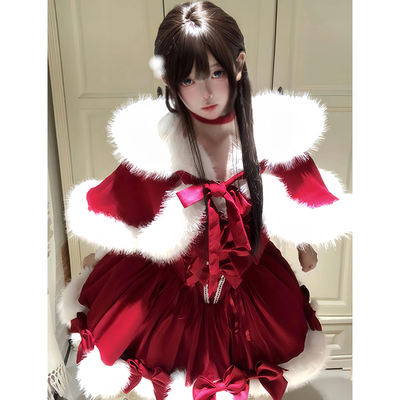 The cute and sweet girl in the battle robe wears a cosplay outfit for the New Year, a cape coat, a puffy princess dress, and a red New Year suit