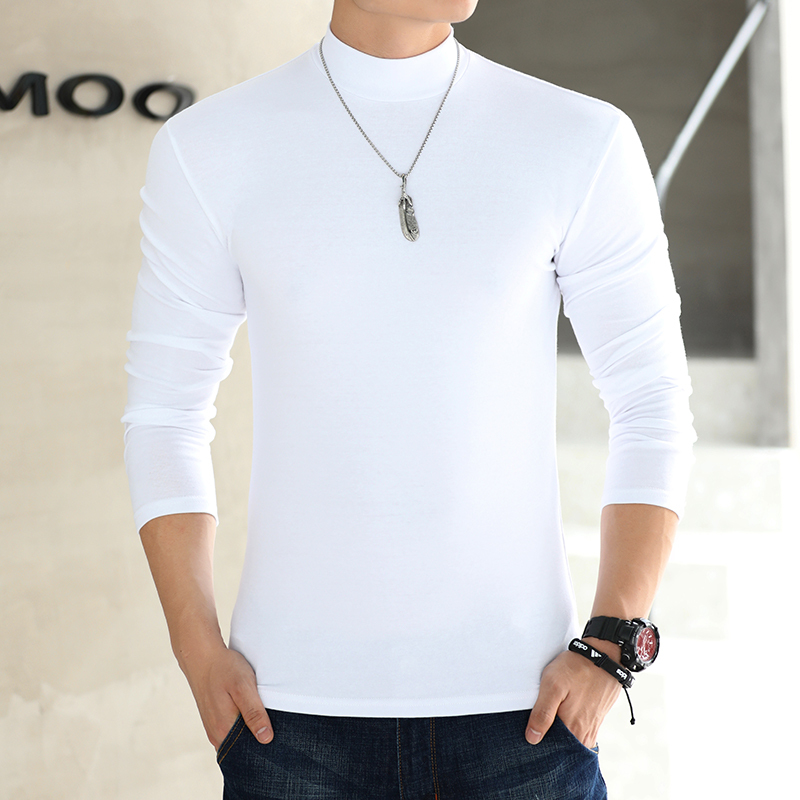 Pure Cotton Half-High Collar Long-Sleeve T-Shirt, Spring and Autumn Mid-Collar Base Shirt, Men's Pure White Top for Middle-Aged and Elderly Men