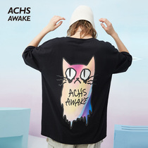 ACHS AWAKE20SS drops colorful cat short sleeve national tide Summer men and women loose casual couple T-shirt