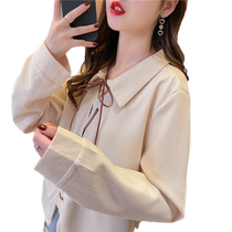 Short polo collar sweatshirt for women spring and autumn 2023 new loose Korean style small waffle long-sleeved t-shirt top