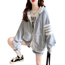 Large size womens waffle cardigan sweatshirt womens spring and autumn 2023 new loose Korean style casual three-stripe jacket