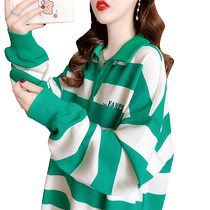 Large size womens striped polo shirt sweatshirt womens spring and autumn thin section 2023 new loose Korean style lapel top jacket