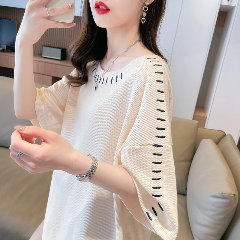 Plus Size Women's Waffle Knit Short-Sleeve T-Shirt, Summer 2026 New Style, Loose Korean Version, Niche Design Trendy Top
