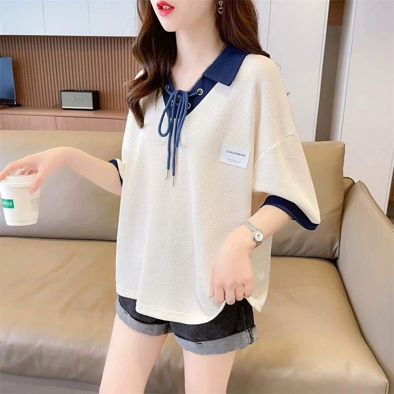 Summer design short sleeve T-shirt, polo collar, oversize, Korean style, for teenagers, western style, trend of season