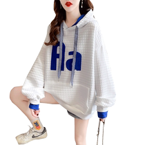 Large size womens fake two-piece hooded sweatshirt for women spring 2023 new Korean style loose lazy style top jacket