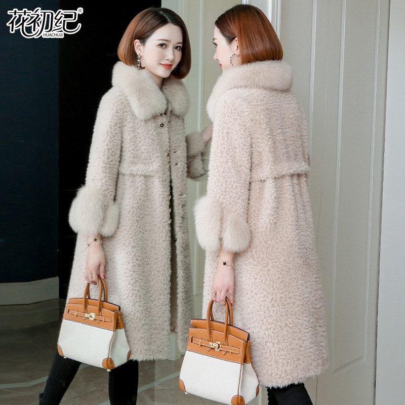 Sheep-cut suede leather straw jacket woman 2021 new medium long version fox fur collar lamb fur coat Henning leather hair.