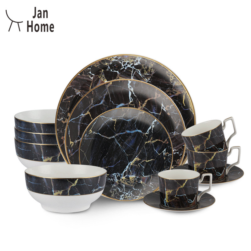 JanHome Dishes Suit Home European Style American Phnom Penh Marble Black Bone Porcelain Jingdezhen Cutlery Suit-Taobao