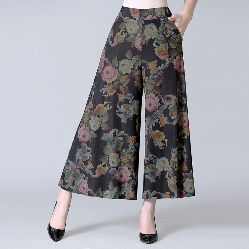 Middle-aged wide-leg pants women's 2021 new mom pants dance flower pants summer thin ice silk large size nine-point pants