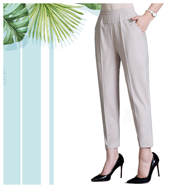 Mom pants spring and autumn middle-aged women's pants casual high waist elastic loose cotton and Hemp slim straight seven-point pants for women