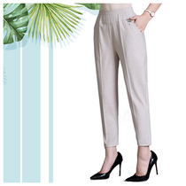 Mom pants spring and autumn elderly womens pants casual high waist elastic loose cotton linen slim straight tube Capri pants women