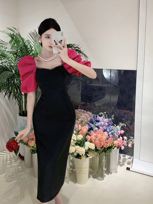 French Hepburn Style Contrasting Color Square Neck Puff Sleeve Dress for Women, Summer High-End Elegant Goddess Style Long Dress
