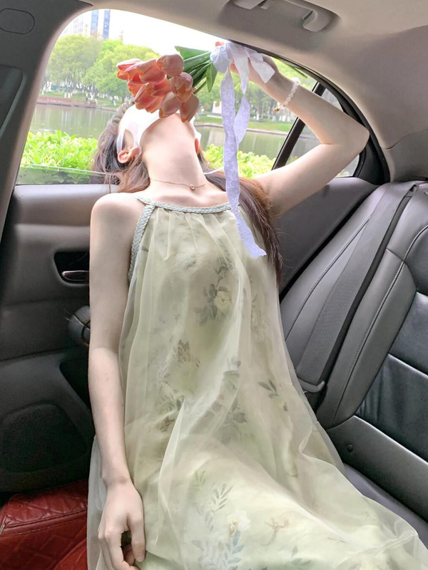 New Chinoiserie Beautiful Mesh Splicing Green Floral Suspender Dress Women's Summer Cool Zen Slimming Look Long Skirt New Chinoiserie Beautiful Mesh Splicing Green Floral Suspender Dress Women's Summer Cool Zen Slimming Look Long Skirt