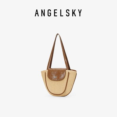 ANGELSKY straw woven tote bag, large-capacity new spring and summer single-shoulder woven casual and versatile brown bag