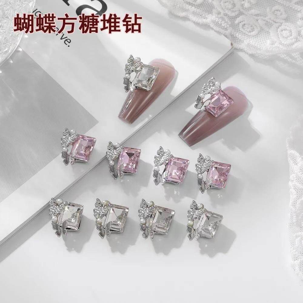 美甲饰品钻网红银色蝴蝶方糖堆钻合金钻金属饰品蝴蝶结指甲装饰品