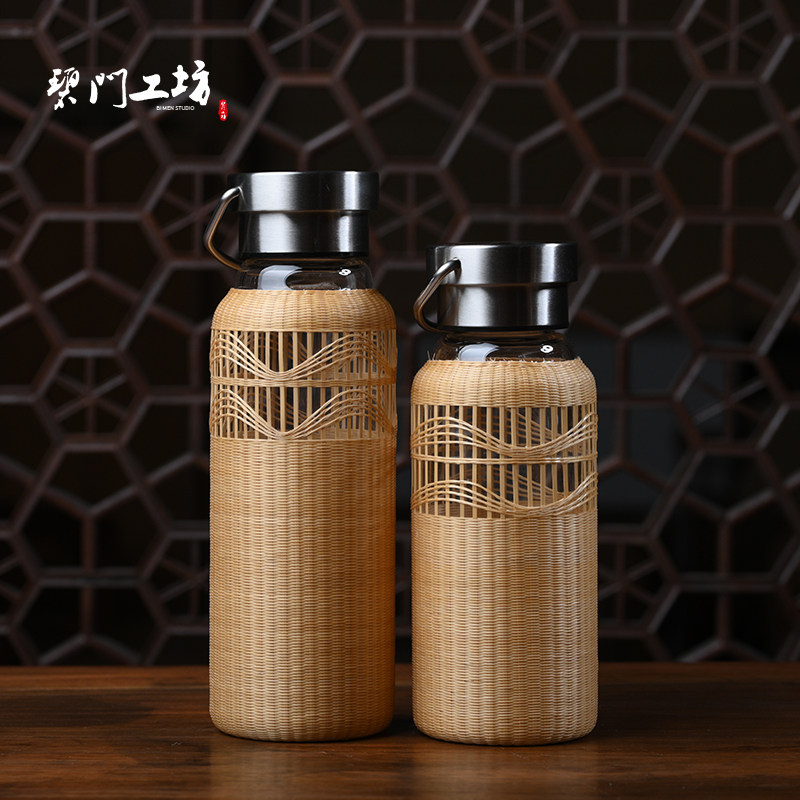 Bimen Workshop Intangible Heritage Handmade Bamboo Weaving Tea Cup Bamboo Thread Buckle Glass Portable Travel Tea Set Creative Green Tea Cup