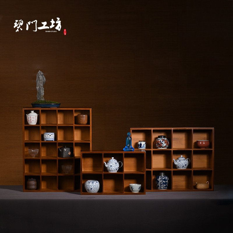 Blue door workshop Bamboo teacup rack Storage grid Duobaoge Tea storage shelf Bogu rack Teapot display lattice rack