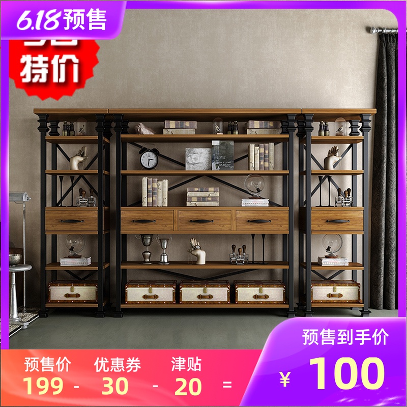 Retro wrought iron solid wood shelf living room with drawer clapboard bookshelf simple modern multi-layer clapboard floor book