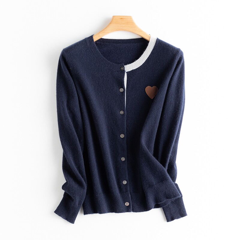 Classic Xiaoxiangfeng 100 Cashmere Round Neck Cardigan Women Colorblocking Love Knit Sweater Early Autumn Cashmere Thin Sweater