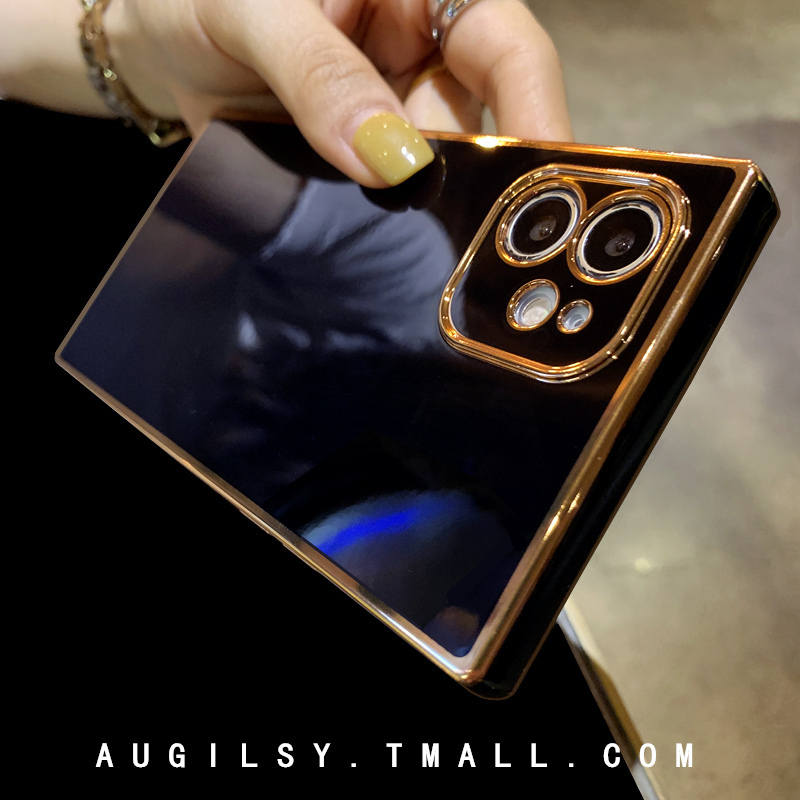 Luxurious Electroplated Square High-End Apple 14 Pro Phone Case, Solid Color, Suitable for iPhone 12 Protective Cover, XS Max Silicone, 13 Straight Edge, Xr Yellow, 17 Elegant, 5 Women's Model, 8 Plus Full Coverage Anti-Drop, 16