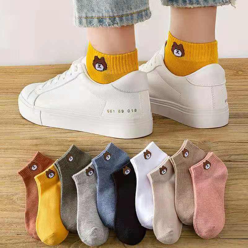 5 10 Double Loaded Pure Color Small Bear Socks Socks Mid-Tube Autumn Summer Sports Cotton Socks Breathable SWEAT SOCKS CARTOON