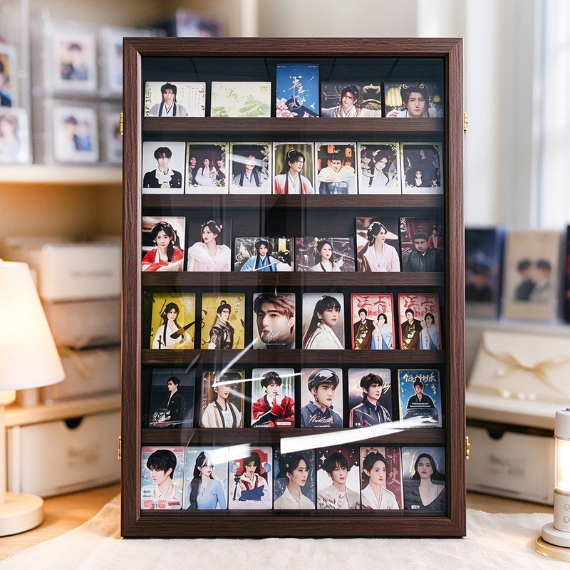 Solid Wood Lockable Book-Style Display Frame for Collectible Cards, Star Mini Card Protection Storage Box, Framed Photo Frame