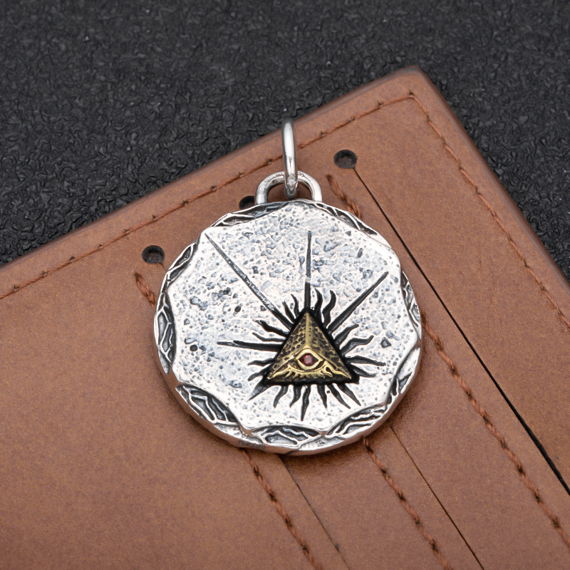 Eye of God Sterling Silver Pendant, Trendy and Versatile, All-Seeing Eye Pendant, Retro Personality, Hip-Hop Style, Unisex Thai Silver Accessory