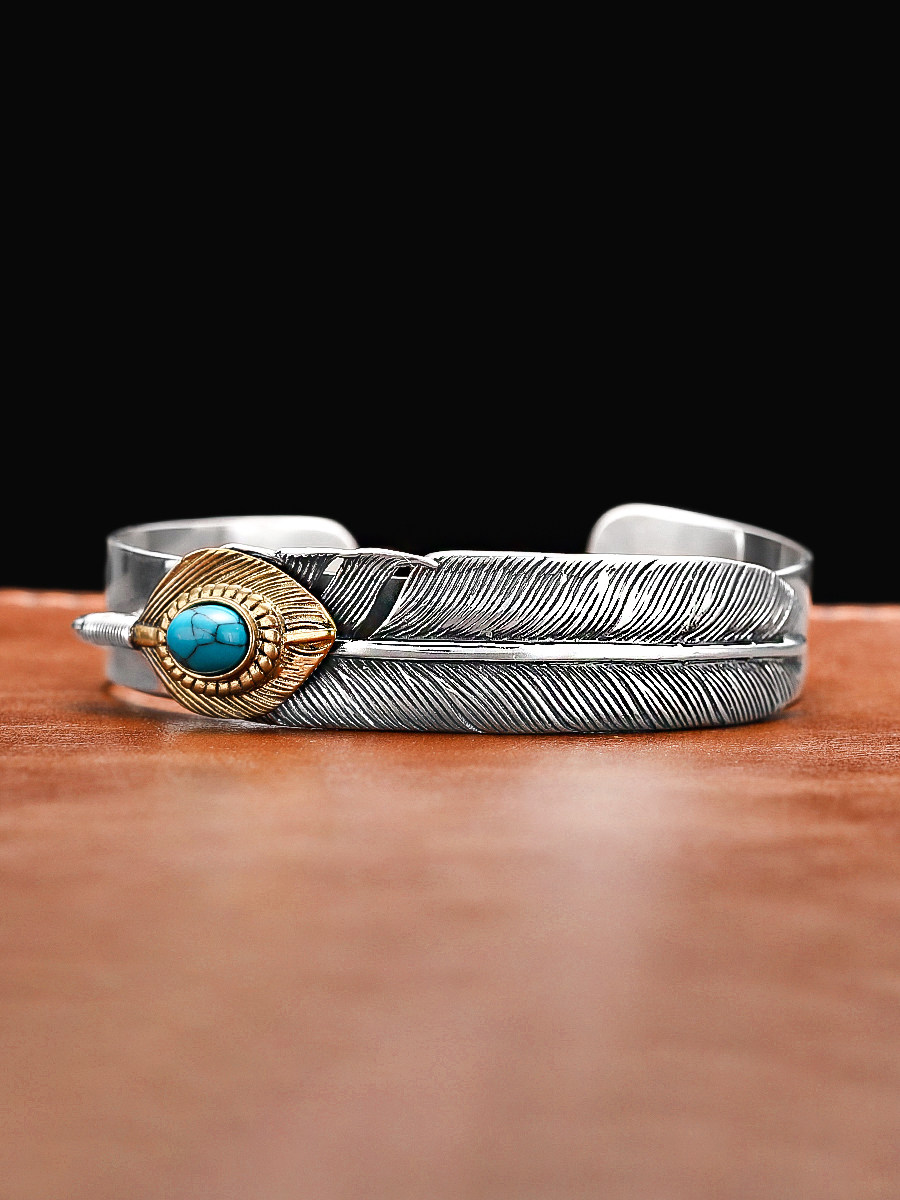 JAPANESE FASHION PERSONALITY TURQUOISE FEATHER BRACELET S  MENS AND WOMENS PUNK HIP HOP VERSATILE OPENING BRACELET JEWELRY