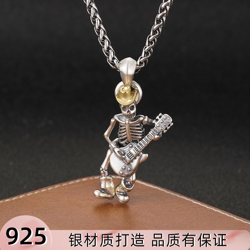 S925 pure silver Skull skull pendant male rock guitarist Hip hip hop man Petty Crowdnecklace Hang Pendant for Dream Ring Tours-Taobao