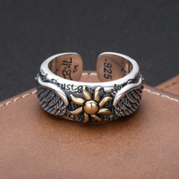 925 sterling silver sunflower wing ring men's retro personalized open ring niche design graffiti single ring