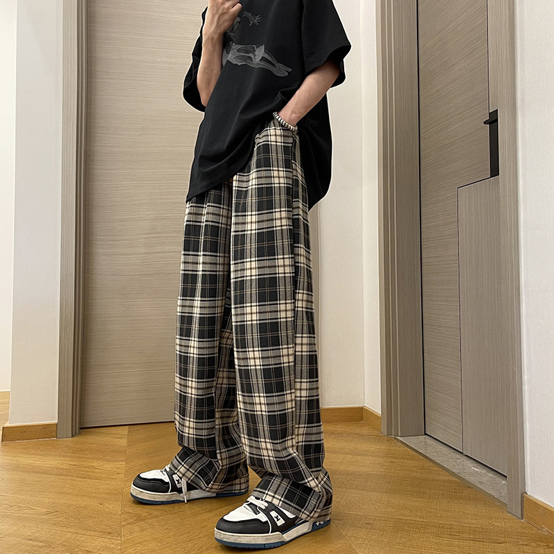 Ancient Vintage Plaid Casual Pants American High Street Vibe Pants European and American Yuppie Handsome Loose Broadlegged Pants-Taobao