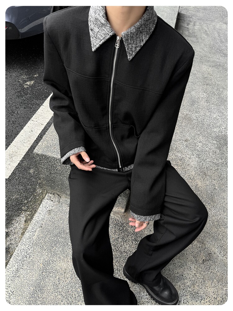 Джинсовая рубашка 美式复古短款垫肩小香风夹克cleanfit撞色拼接翻领外套男宽松上衣