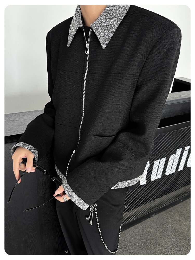 Джинсовая рубашка 美式复古短款垫肩小香风夹克cleanfit撞色拼接翻领外套男宽松上衣