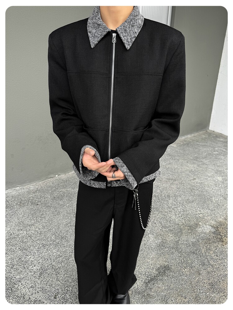 Джинсовая рубашка 美式复古短款垫肩小香风夹克cleanfit撞色拼接翻领外套男宽松上衣